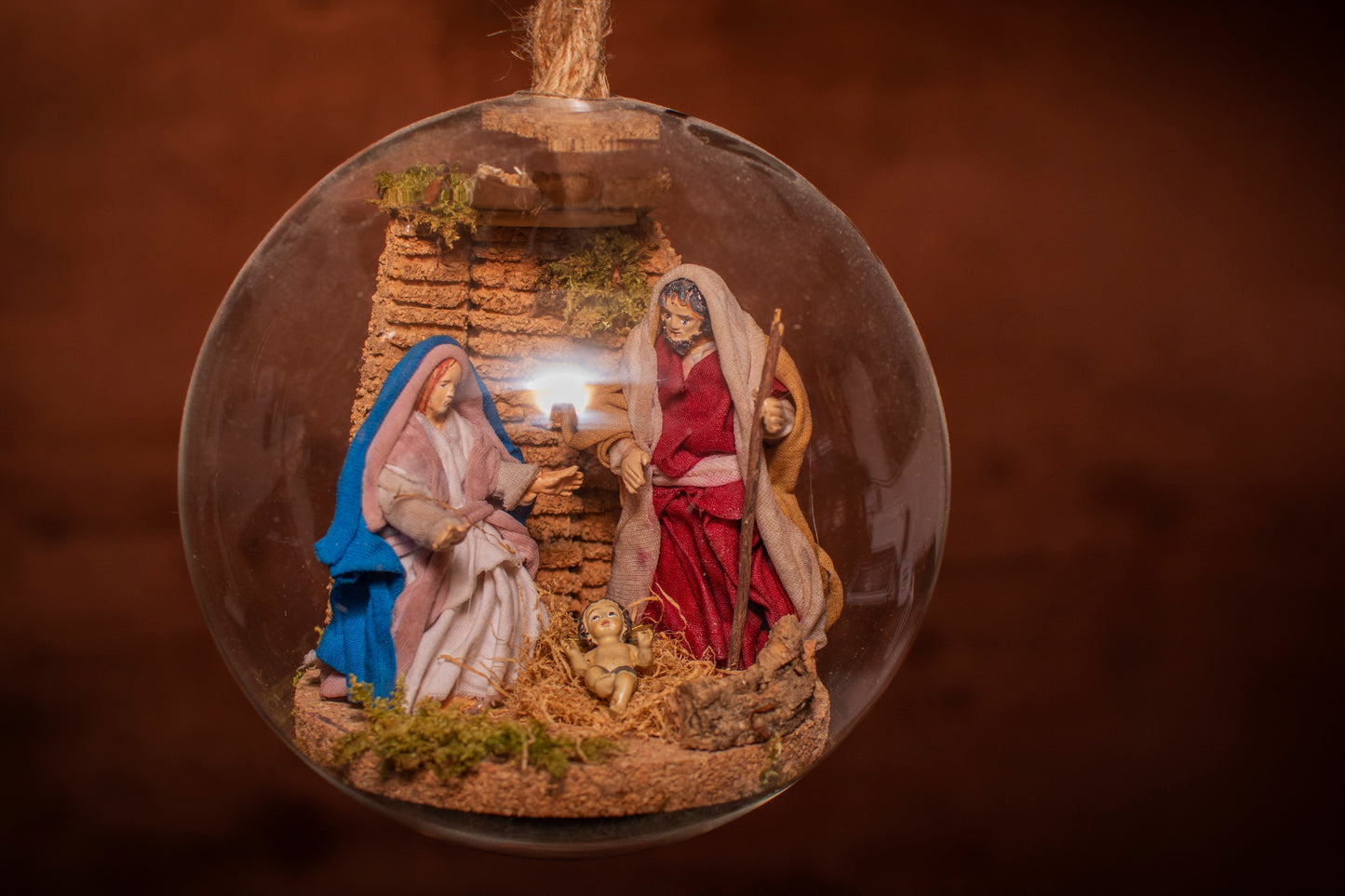 LARGE GLASS BALL NATIVITY SCENE COMPLETE TERRACOTTA SHEPHERDS