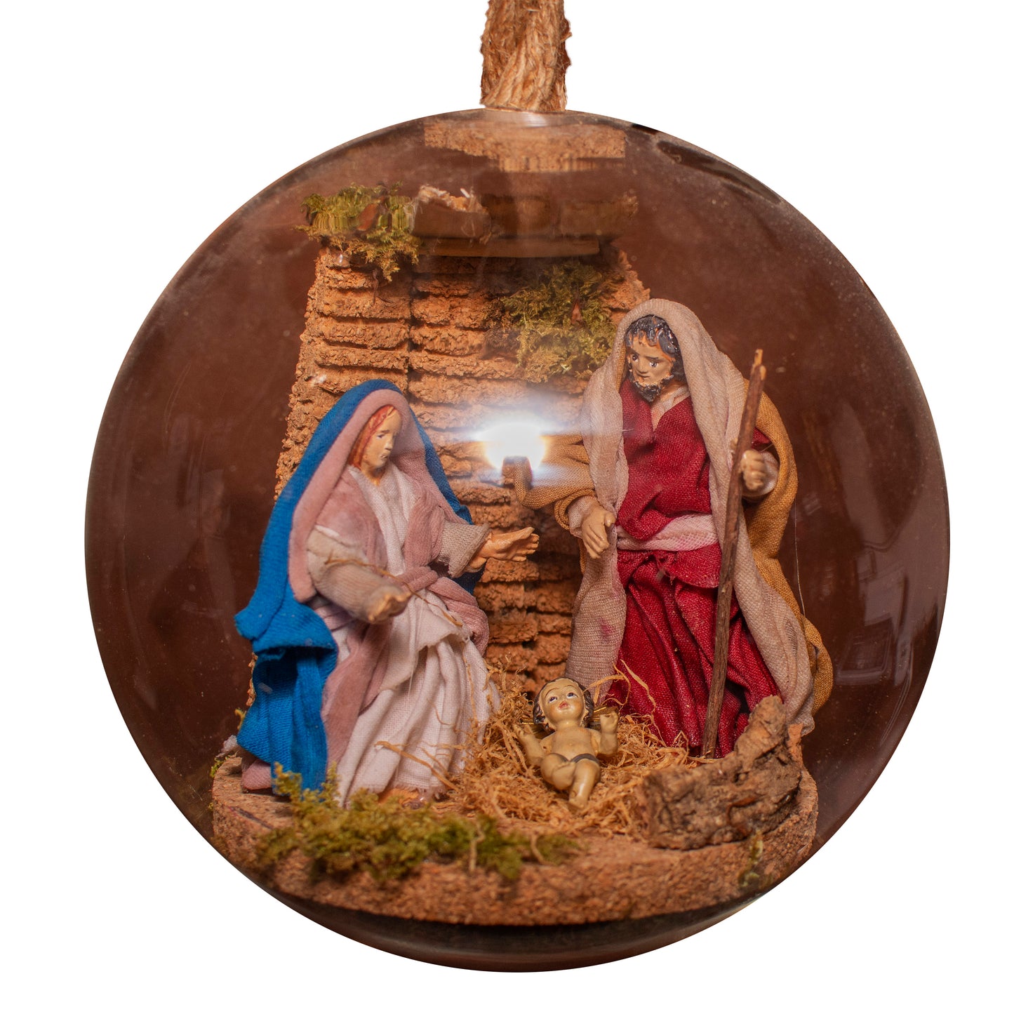 LARGE GLASS BALL NATIVITY SCENE COMPLETE TERRACOTTA SHEPHERDS