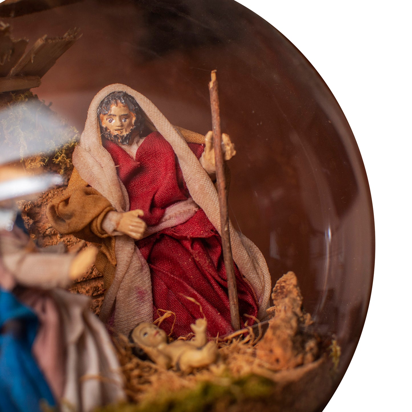 LARGE GLASS BALL NATIVITY SCENE COMPLETE TERRACOTTA SHEPHERDS