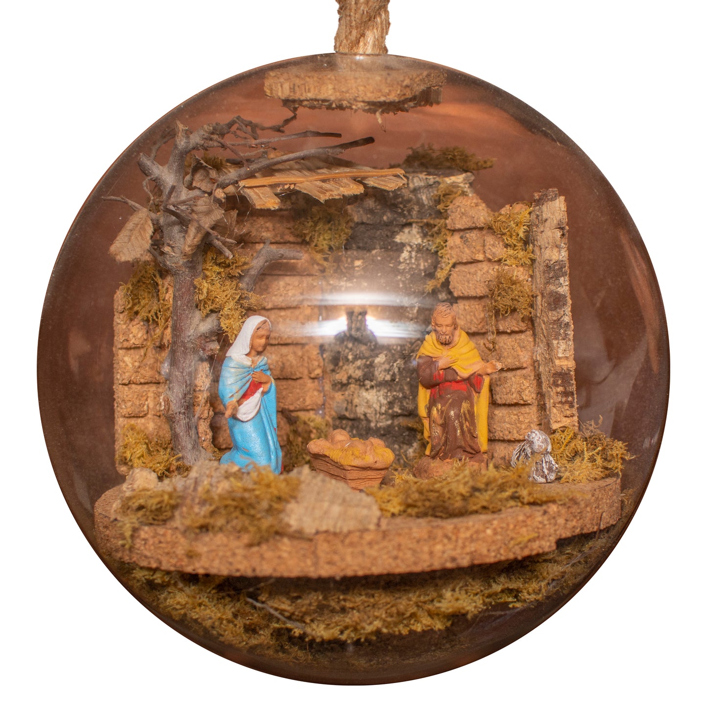 NATIVITY SCENE IN GLASS BALL COMPLETE TERRACOTTA SHEPHERDS