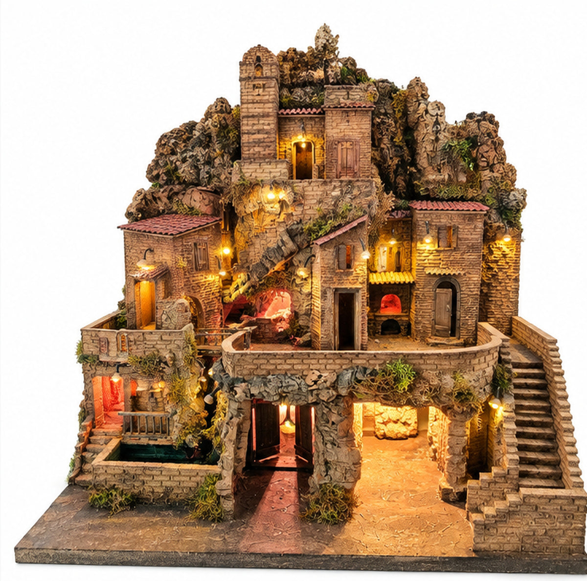 Presepe Artigianale in Sughero – Borgo Antico Illuminato con Cascata