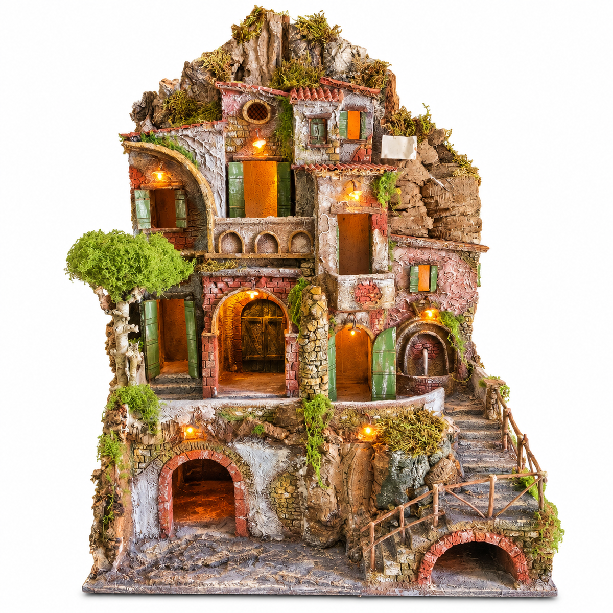 Presepe Artigianale Dipinto – Borgo Antico Illuminato con Fontana
